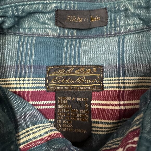 Vintage Eddie Bauer Elkhorn Twill Shirt Mens Large Red Green Plaid - Picture 3 of 5